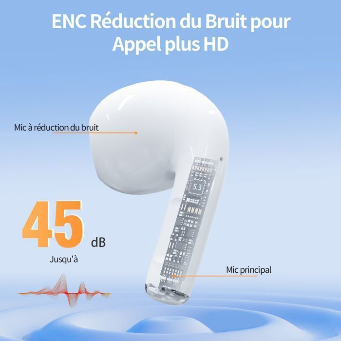 VEATOOL Écouteur sans Fil Son Stéréo 14mm Écouteur Bluetooth 5.3 Réduction du Bruit ENC 40H d'Autonomie IPX6 Blanc 2,5g Léger