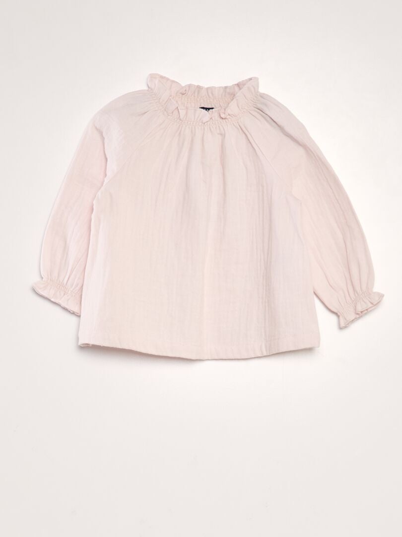 Blusa de manga comprida com gola franzida - ROSA