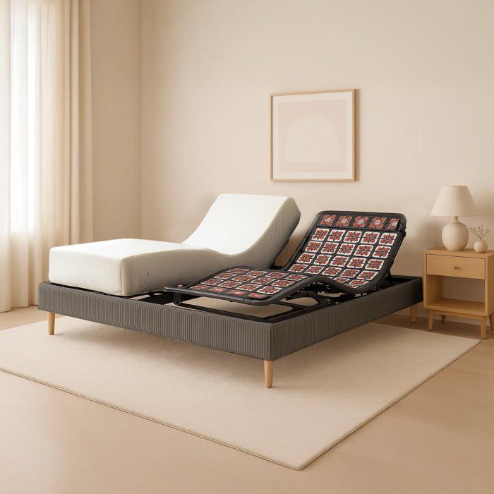 Set letto elettrico 140x190 grigio – Base a doghe regolabile con bordo in velluto a coste + materasso