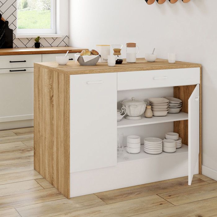 Isla central IDMARKET LIO con máxima capacidad de almacenamiento, madera y blanco.