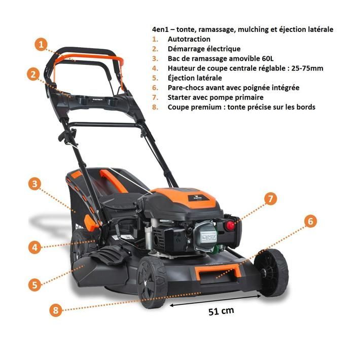 Tondeuse à Gazon Thermique Autotractée FUXTEC FX-RM5170eS 170 cm³ 51 cm – Démarrage Électrique, 60L, Easy Clean –