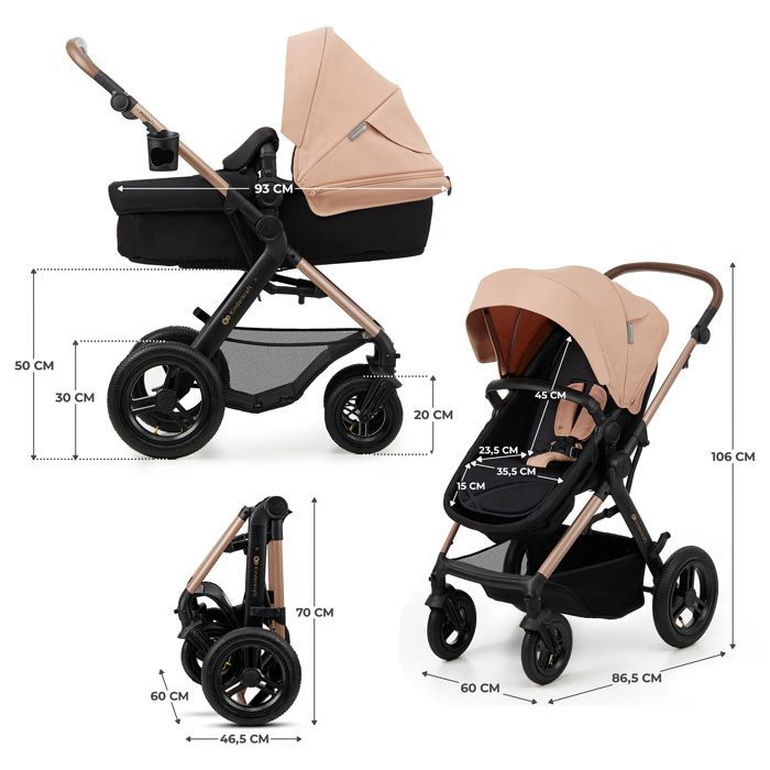 Poussette 3 en 1 Combinée Kinderkraft MOOV2 AIR, Système de voyage de la naissance à 27 kg, Siège auto Mink PRO I-Size inclus, Beige