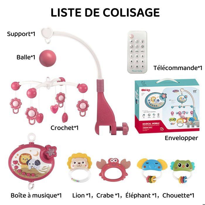 Móbile musical para berço de bebê - Luzes, música e projetor com controle remoto - Presente ideal para recém-nascidos, rosa
