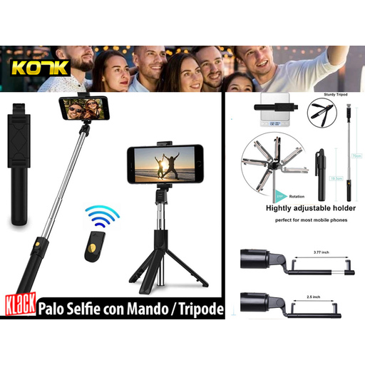 Bastão de selfie extensível Klack com Bluetooth e controle remoto.