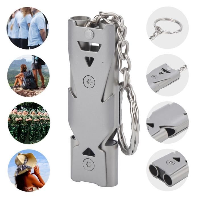 Silbato de doble tubo para supervivencia al aire libre con llavero. Silbato de seguridad de acero de doble tubo HB008.