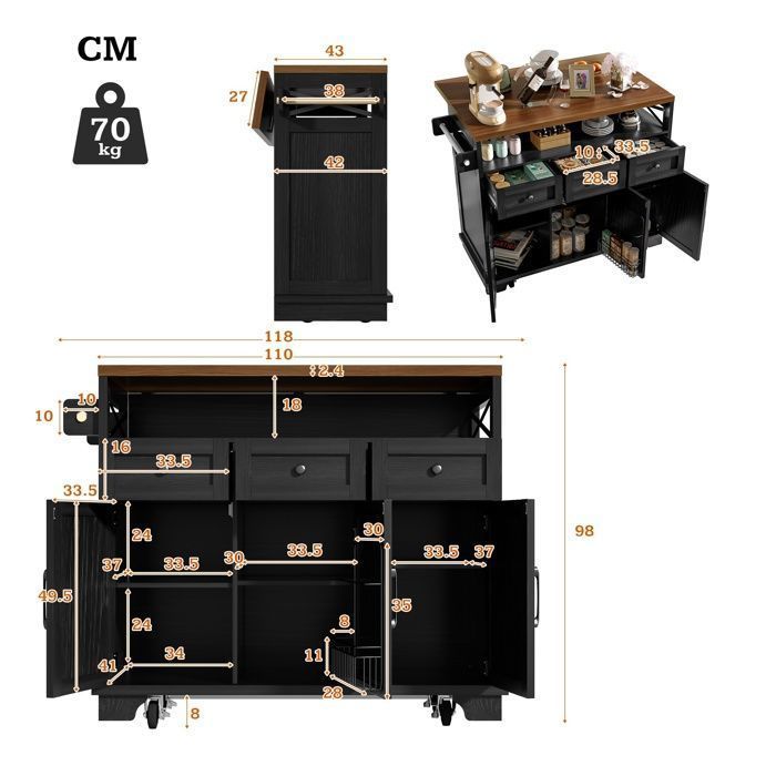 Luonians Îlot de cuisine avec plateau rabattable 118 x 43(70) x 98 cm, chariot cuisine 3 tiroirs, 3 portes et rangement ouvert,noir