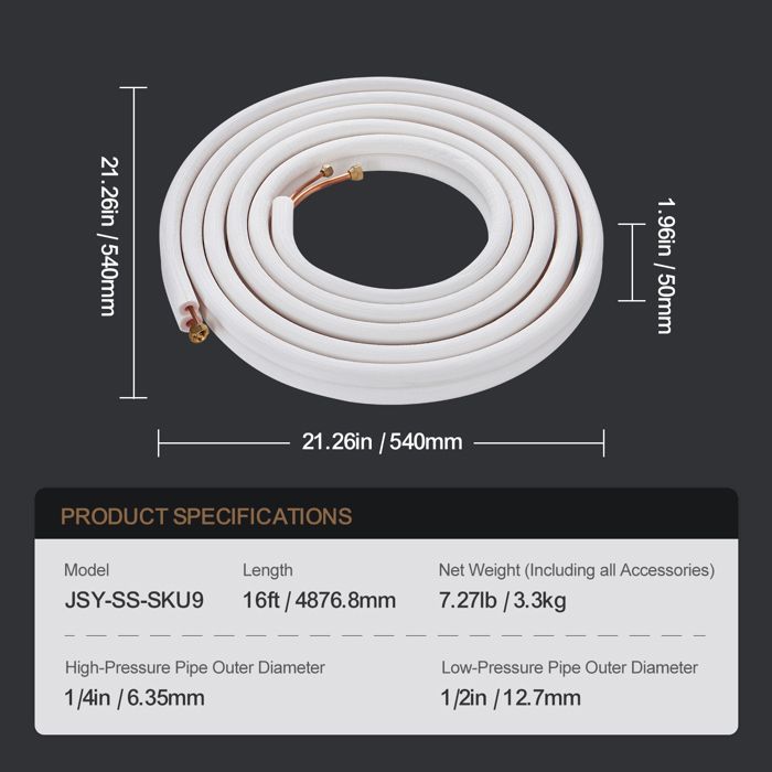 Assemblaggio mini-tubo DUOKU - 4876,8 mm - Isolamento a triplo strato - Pompa di calore - HVAC