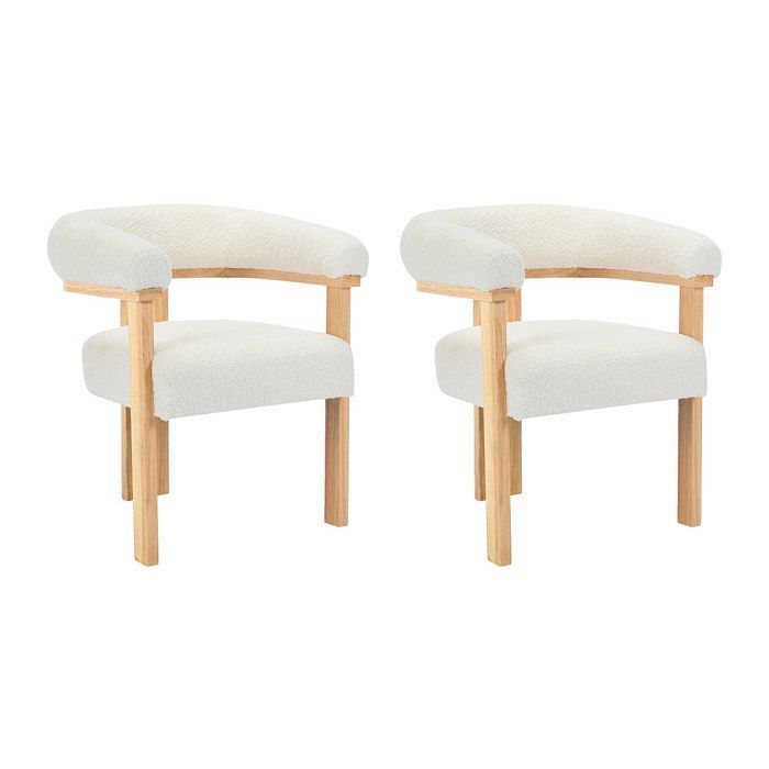 Lot de 2 chaises avec accoudoirs en tissu bouclette et bois d'hévéa naturel - Blanc - LIVELIA