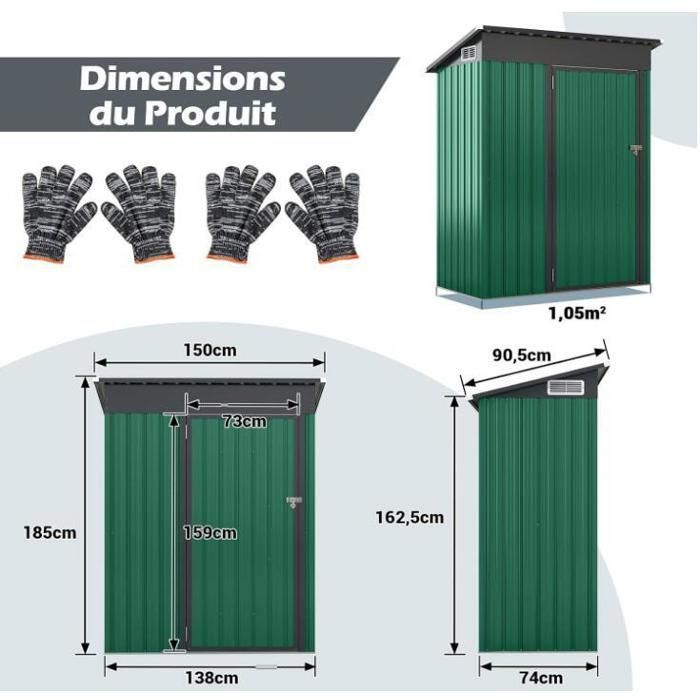 Abri de Jardin Métal 1,05M2 - RELAX4LIFE - Acier Galvanisé - 2,5 m3 - Porte avec Loquet - 2 Paires de Gants - Vert Clair
