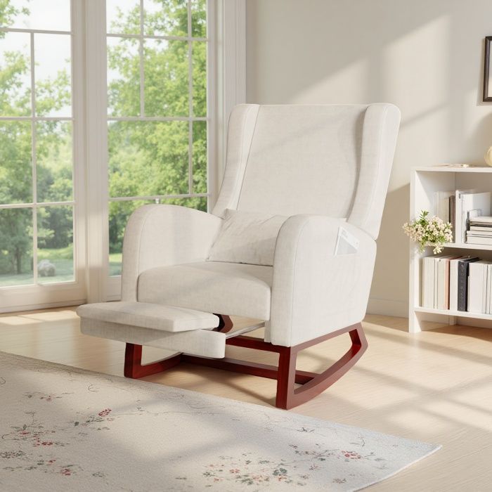 Relaxing Rocking Chair, Rocking Armchair with Retractable Footrest, Fabric with High Back, Beige, Linen