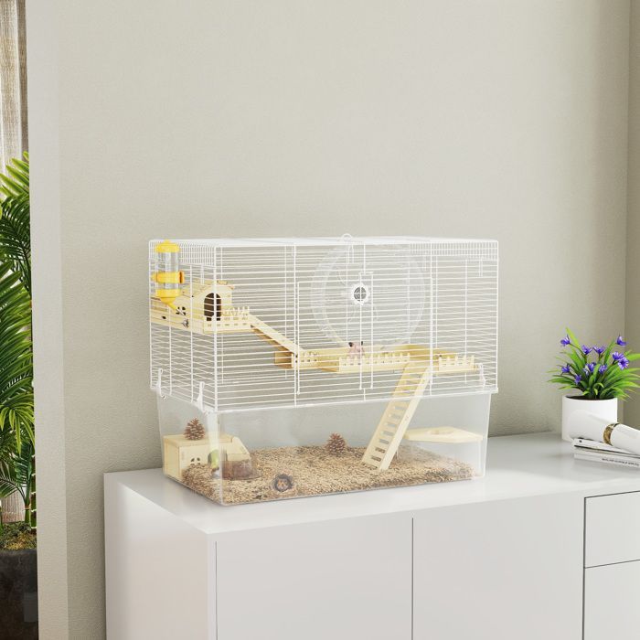 Cage à hamster - PawHut - à 3 niveaux - avec roue d'exercice, plateau transparent, cabanes, rampes - 59 x 35,5 x 47 cm - blanc