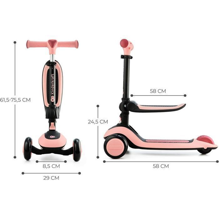 Kinderkraft HALLEY 2-in-1 Balance Bike, Bicycle and Scooter with 3 Wheels, Adjustable Handlebars, Light-Up Wheels, Lightweight and Modern Design, Pink