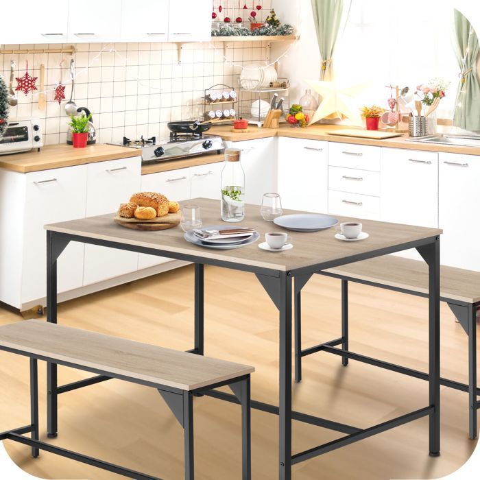 Dining table with benches - TECTAKE - BOLTON dining set with 2 sturdy benches in an industrial style - Light Wood