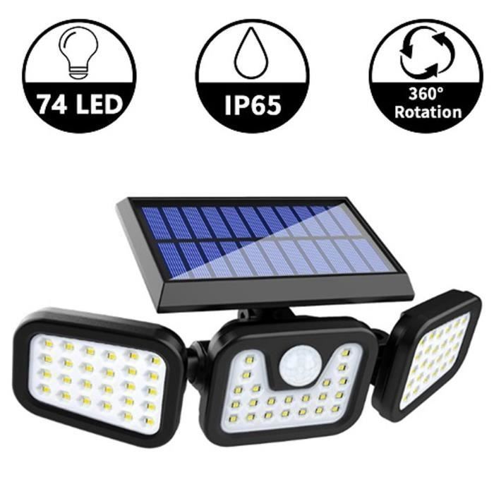 Applique murale, éclairage extérieur solaire avec détecteur de mouvement, projecteur extérieur LED 74LED lumière extérieure