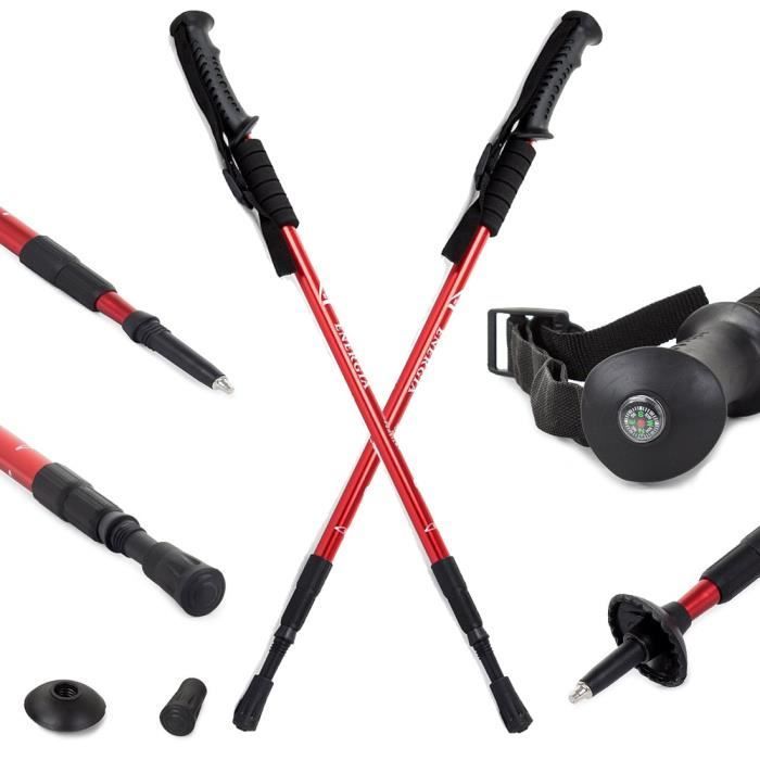 Bastones nórdicos de aluminio ENERGIA DUR de 3 peldaños, color rojo, con resorte resistente a los golpes.