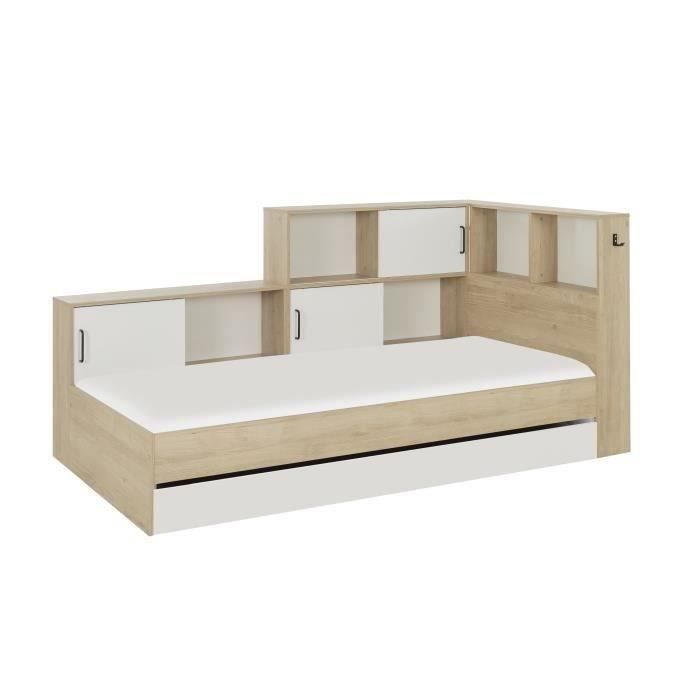 Cama infantil GAMI Erwan con almacenamiento - Decoración en blanco y castaño - 90 x 200 cm