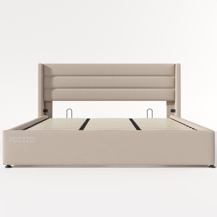 Lit coffre 180x200cm Tissu en lin avec sommier à lattes métal,Lit double hydraulique avec Espace de rangement,Beige