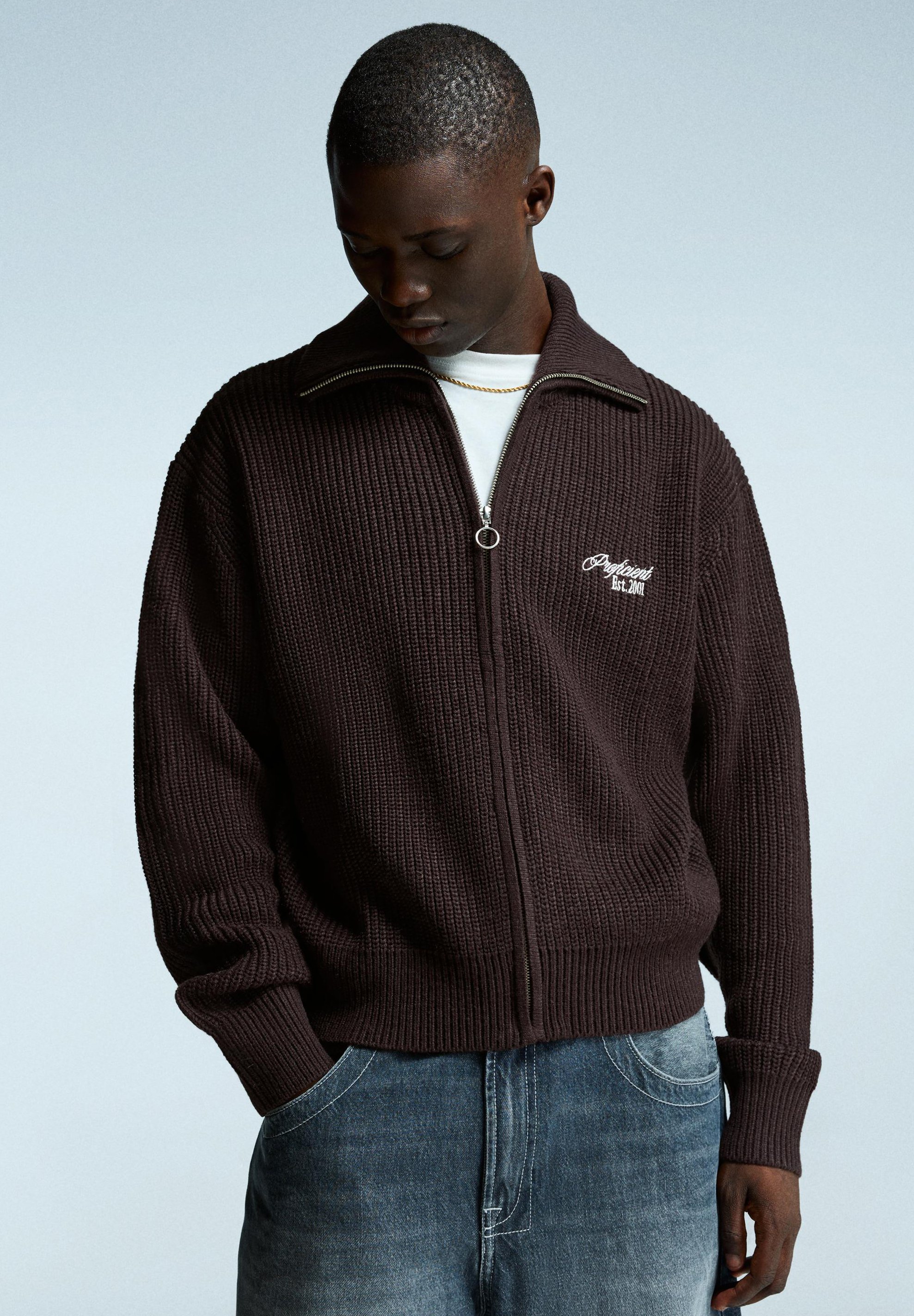 Cardigan Bershka ricamato e testurizzato - marrone scuro