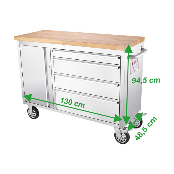 Stainless steel tool trolley with 4 drawers, 130cm