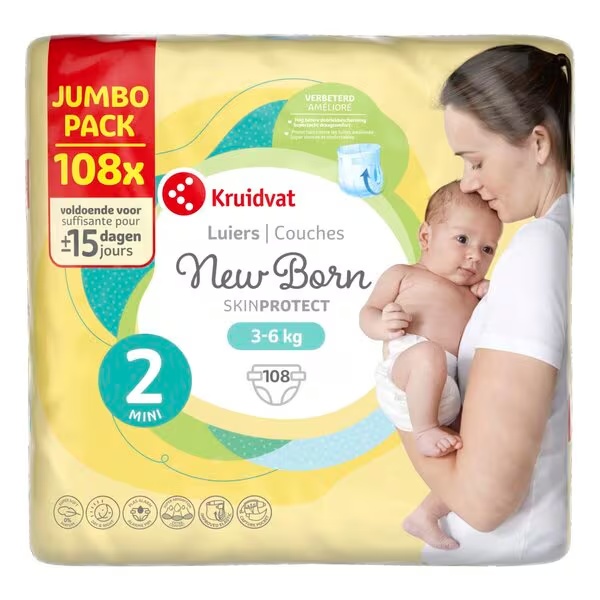 Kruidvat 2 mini pelene za novorođenčad, veliko pakovanje, veličina 2 (3-6 kg), 108 komada