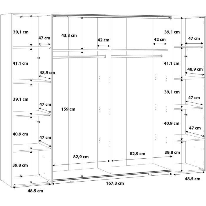 NARAGO Kledingkast - Matwitte afwerking - 2 schuifdeuren + spiegel + 2 draaideuren + 2 kledingstangen - B270 x D61 x H210 cm