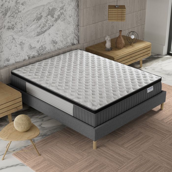 Set composto da materasso e base letto (140x200 cm) - Molle insacchettate Elekctra e memory foam, spessore 30 cm + Base letto in legno stabile, tessuto grigio