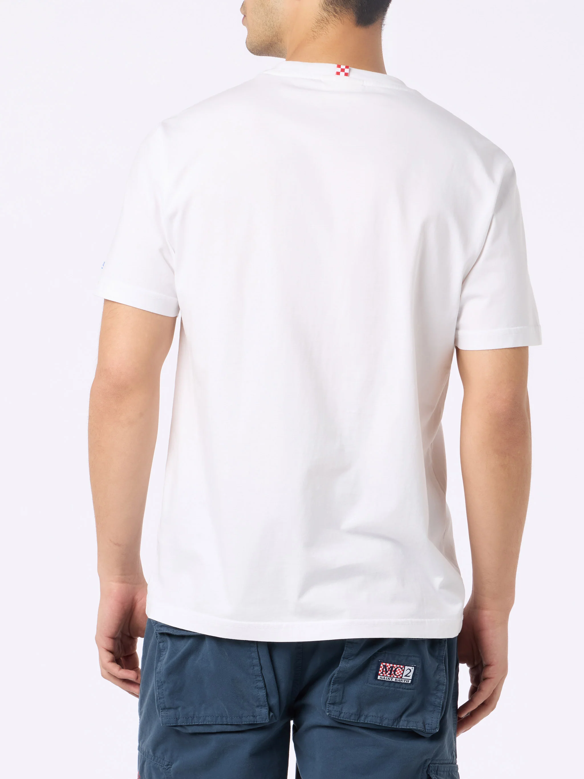 Heren katoenen T-shirt met 'Gin Tonic Obsessed'-borduurwerk op de borst, wit, logo-borduurwerk, stukgeverfd, ronde hals, korte mouwen | MC2 Saint Barth