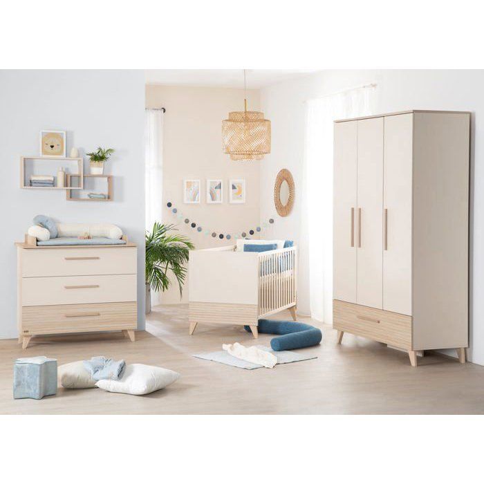 Chambre bébé trio : Lit évolutif 70 x 140 cm + Commode à langer + Armoire - SIDNEY - ROBA - Chêne / Beige
