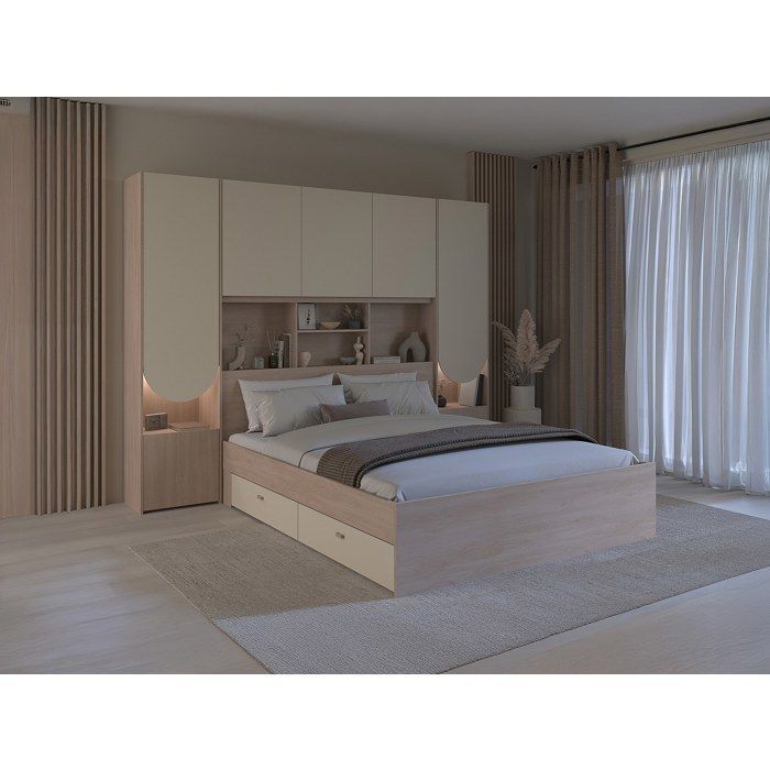 Pont de lit avec rangements – Avec LEDs – L266 cm – Beige et naturel - DOMELITO