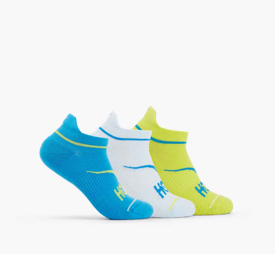 HOKA Meias invisíveis para corrida, pacote com 3 unidades: Azul Diva / Água Gelada / Amarelo Prímula