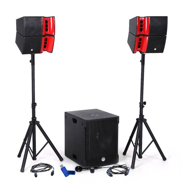 Kit audio completo per DJ: BM SONIC BMS15-HORN 1200W, diffusori satellite, subwoofer da 38 cm con connettività USB/Bluetooth, supporti, cavi + chiavetta USB da 32 GB.