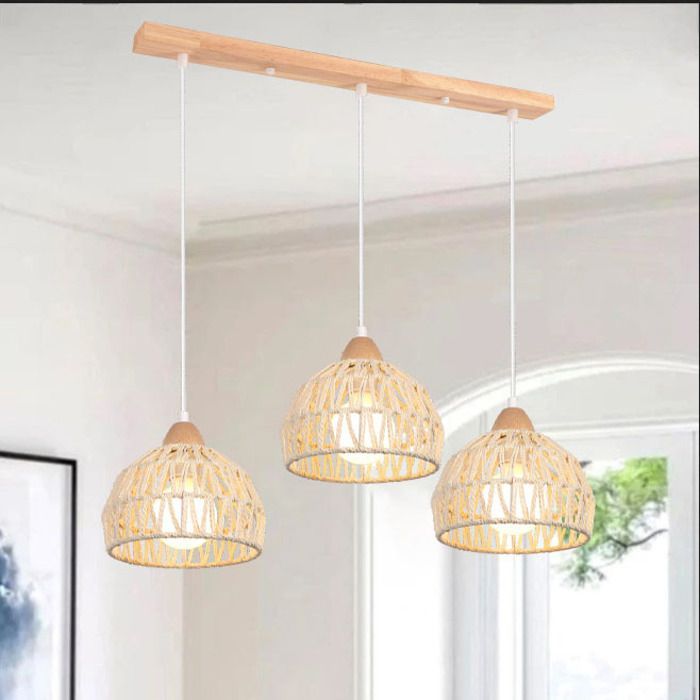 iDEGU Vintage Industriële Hanglamp, Witte Rotan Houten Kroonluchter, E27 Fitting, Retro Kooi Design Verlichting voor Woonkamer en Slaapkamer