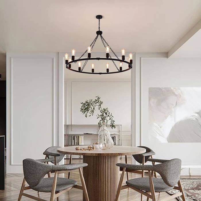 Lustre - GANEED - Vintage - 12 lumières - Métal noir - Bouleau blanc - E27