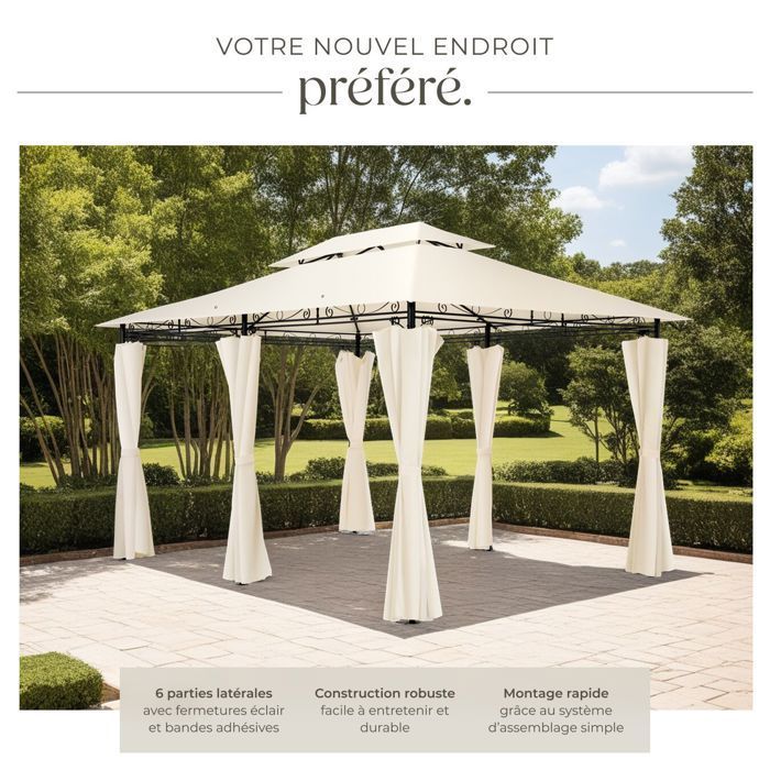 Pavillon de jardin - TECTAKE - Tonnelle EMINE avec 6 parois latérales en tissu déperlant 4 x 3 m - Crème