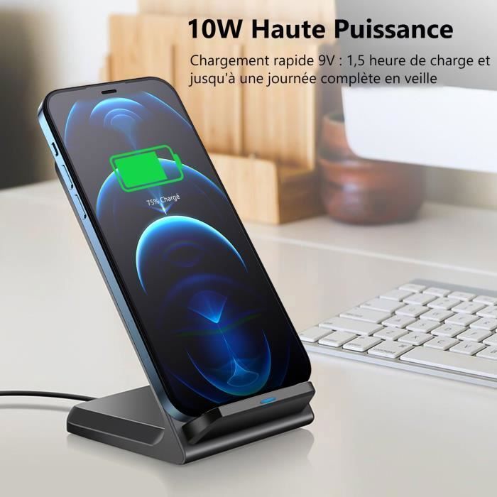 Carregador sem fio, 15W com certificação Qi, brilhante, por indução com bobina dupla, para qualquer dispositivo compatível com carregamento sem fio.