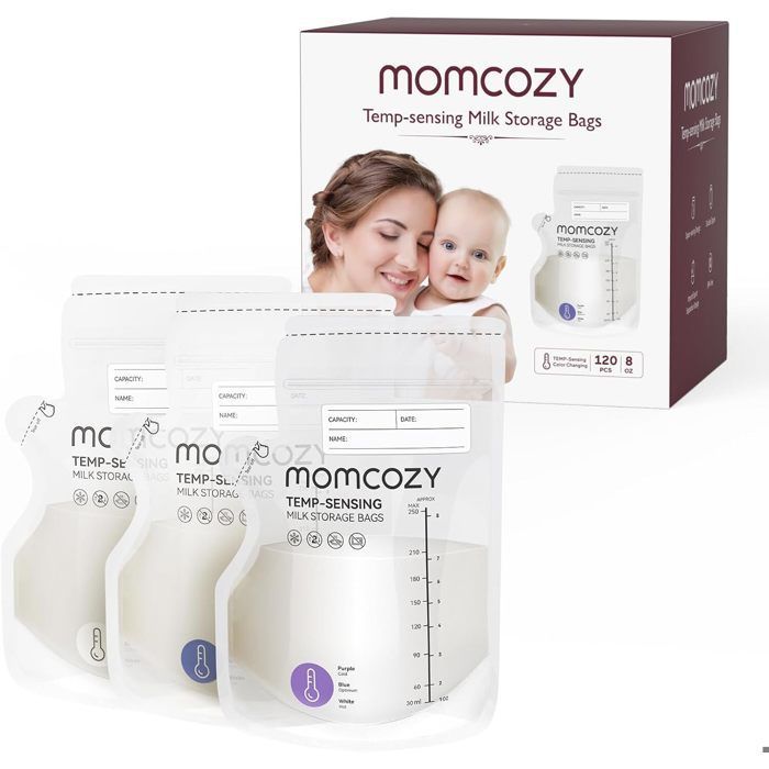 Momcozy Breast Milk Freezing Bags 250ml, Temperature Indicator, 120 Self-Standing Units, Pre-Sterilized, BPA-Free, Recyclable