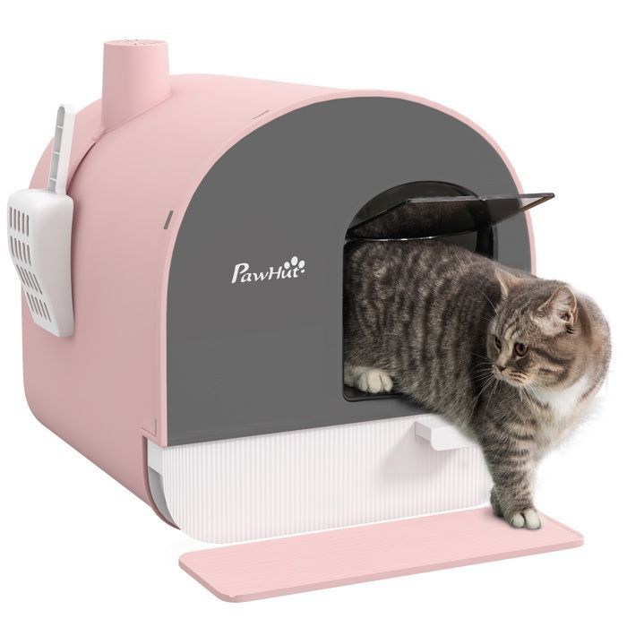 Bac à litière pour chat PawHut maison de toilette avec porte battante, pelle et filtre inclus dim. 43L x 44l x 47H cm - rose