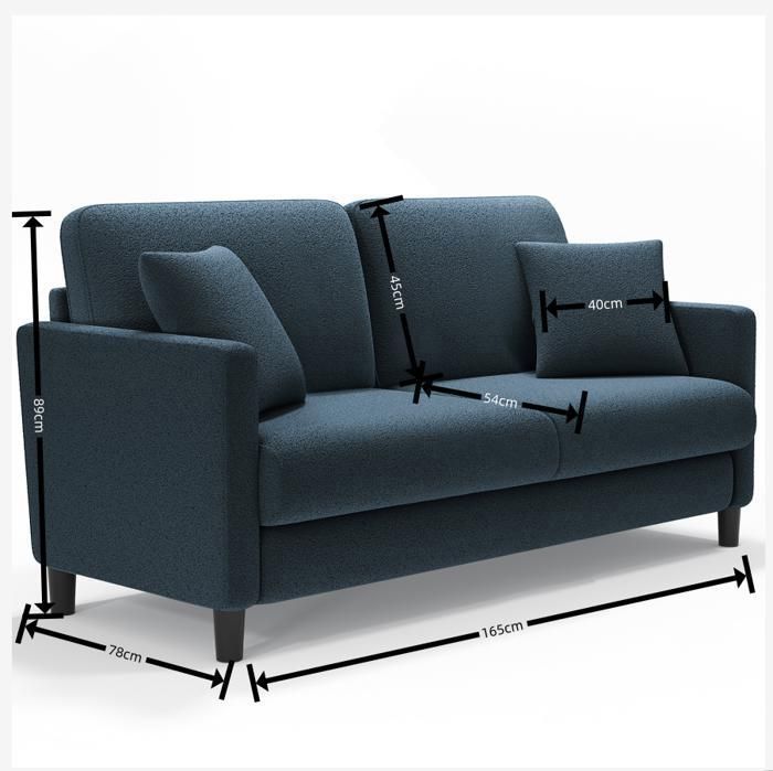 Sofá Teddy de 2 plazas en terciopelo azul grisáceo para salón, sofá de estilo escandinavo con 2 cojines cómodos, patas de madera, 165 × 78 × 85 cm.