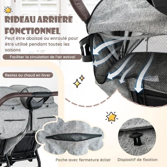 Poussette Double 0-3 Ans Pliage à un Bouton COSTWAY Côte à Côte-Dossier Réglable-Auvent à 5 Niveaux-Roues Freinées-Charge 15KG-Gris