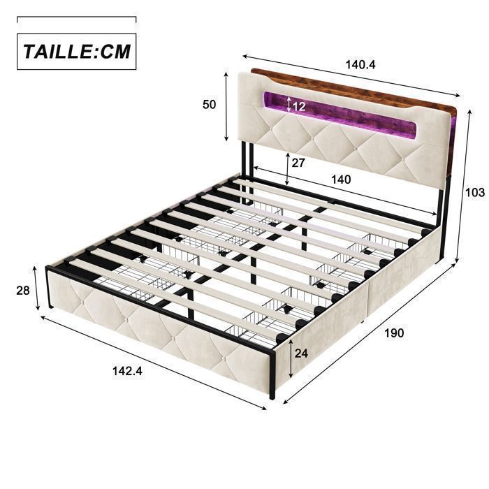 Lit 140x190 cm avec sommier à lattes, LED, cadre de lit double 140x190 avec rangement, tissu en velours beige, 2 places