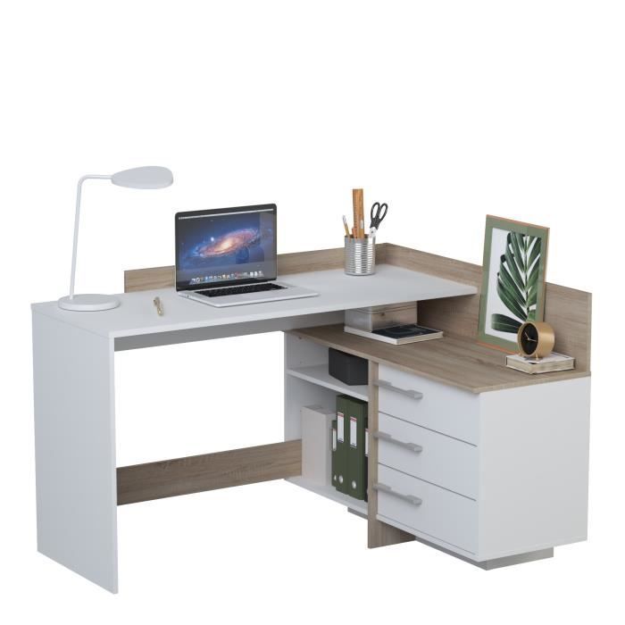 Escritorio esquinero con 3 cajones - Acabado en roble y blanco - 128,5 x 105,7 x 83,2 cm (ancho x profundidad x alto) - THALES