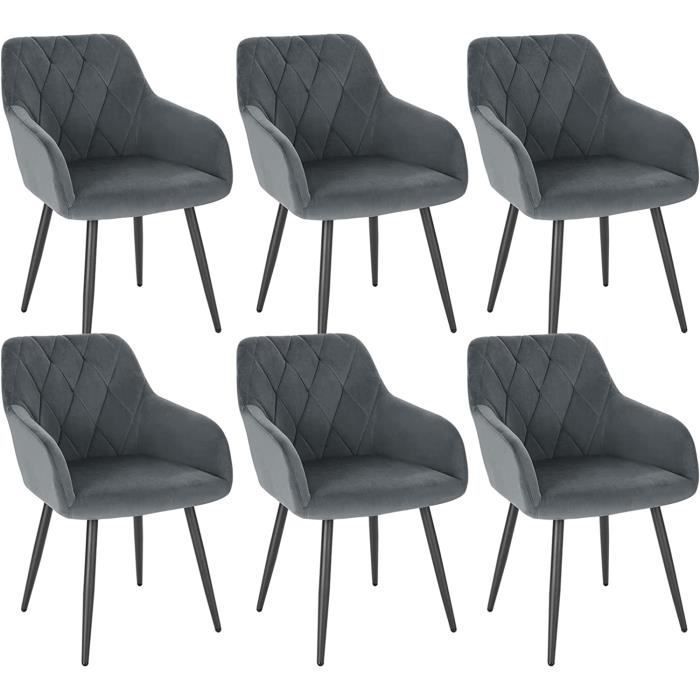 WOLTU 6x Sillas de comedor, sillas de cocina de terciopelo, asiento acolchado y patas de metal, gris oscuro BH352dgr-6
