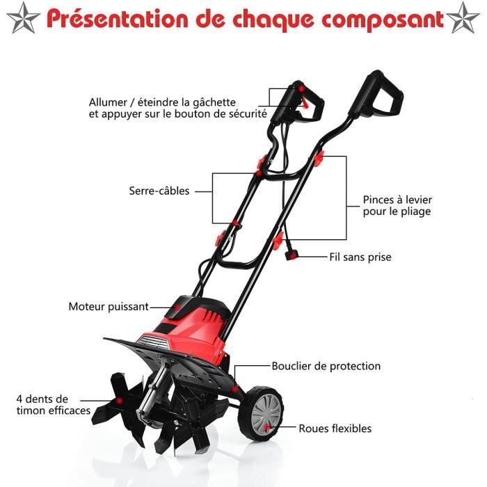 RELAX4LIFE Motobineuse Électrique 1200 W à 365 RPM, Largeur de Travail 35 CM et 4 Lames, Poignée Pliable & Bouton de Sécurité