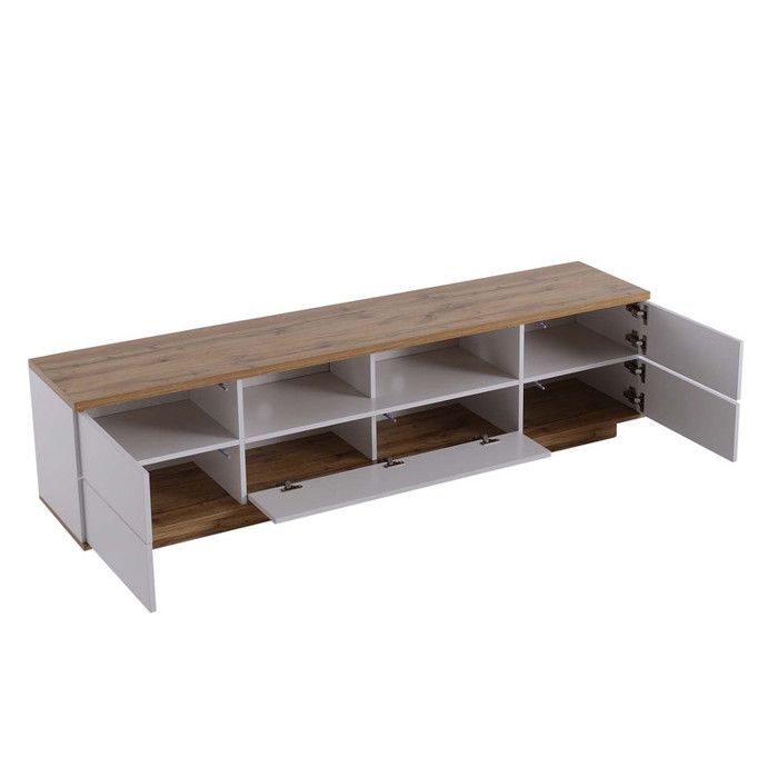 MODERNLUXE 180 cm puinen TV-taso - 5 ovea, 8 lokeroa - moderni tyyli - luonnonvärinen ja valkoinen
