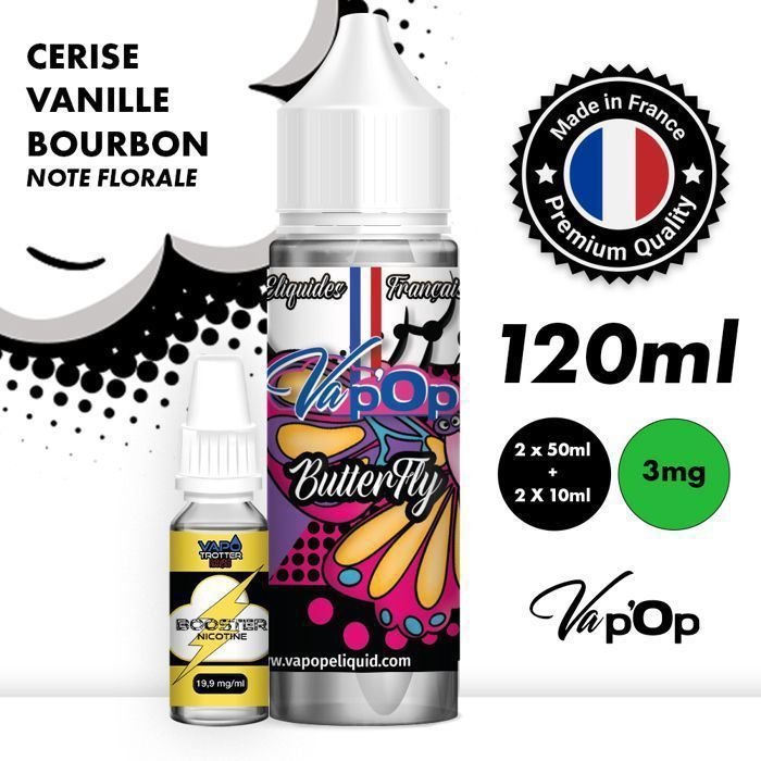 Líquido para cigarrillos electrónicos - BUTTERFLY - SABOR CEREZA Y VAINILLA - 50% GMC/50% VG - 0 mg/ml - 2 x 50 ml + 2 potenciadores