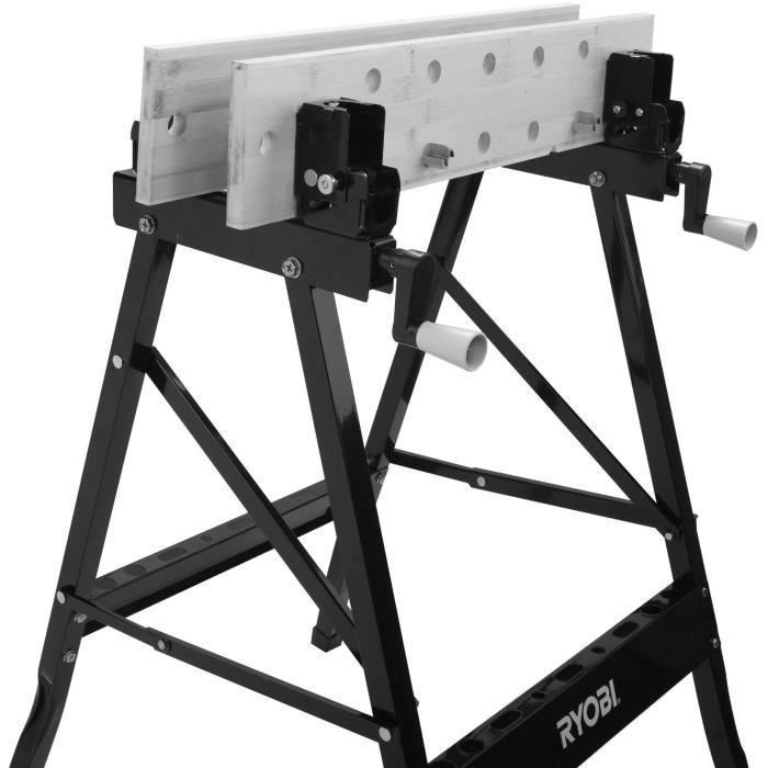 RYOBI - Banco de trabajo plegable giratorio de 90° - Mesa de bambú 605 x 625 x 790 mm - 6,5 kg - Incluye 4 mordazas y 1 llave de servicio - RWB02