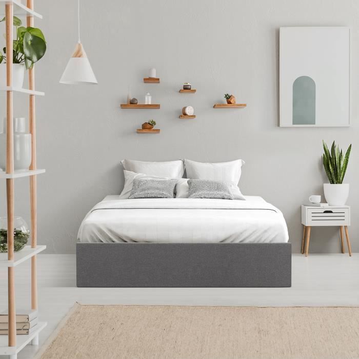 Cama con almacenamiento para adultos ECLIPSE 140x190 cm - Tela gris claro - Base de láminas incluida