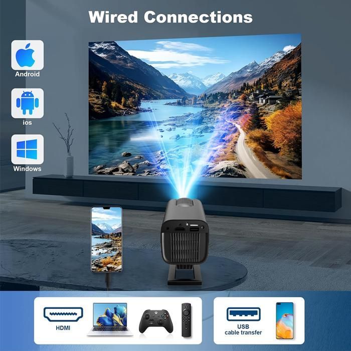 Projetor portátil Isinbox Mini 4K com Wi-Fi e Bluetooth, tela de 130