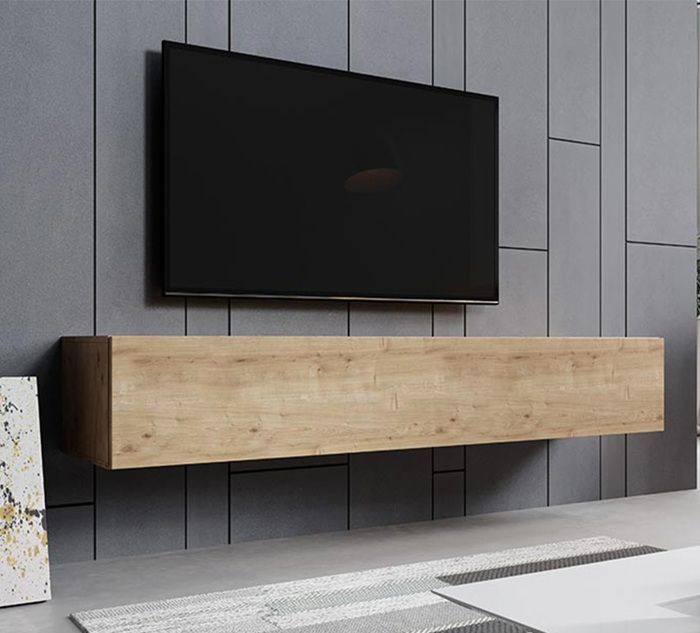Wandgemonteerd tv-meubel voor de woonkamer | 1 deur met 3 vakken | Eikenhouten afwerking | B 180 x D 40 x H 30 cm | Model Aitana M2