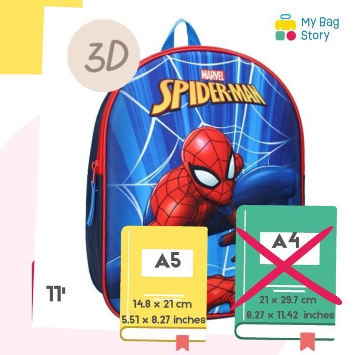 mybagstory - Mochila - 3D - Spiderman - Azul - Infantil - Escuela - Preescolar - Guardería - Primaria - Mochila escolar para niño - Tamaño 32 cm